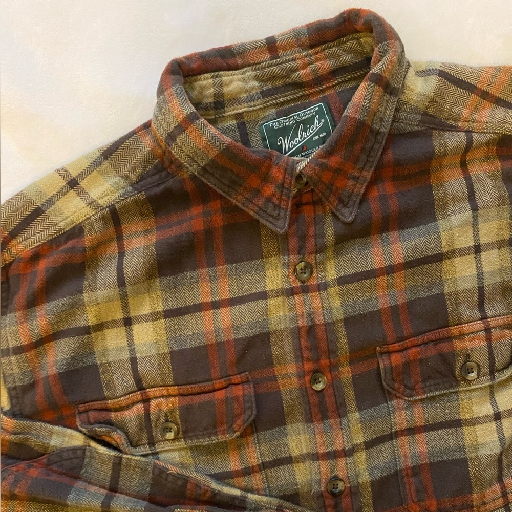Woolrich Men’s Plaid Flannel Brown Tan Rust Button Up Shirt XL